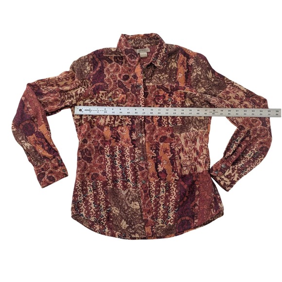 Lucky Brand Button Down Women S Brown Silk Patchwork Print Long Sleeve Blouse - Picture 5 of 11